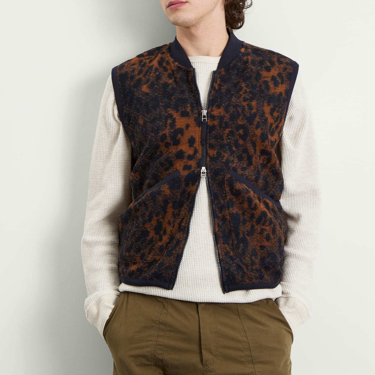 Universal Works Men's Night Leopard Zip Waistcoat in Dark Navy/Brown