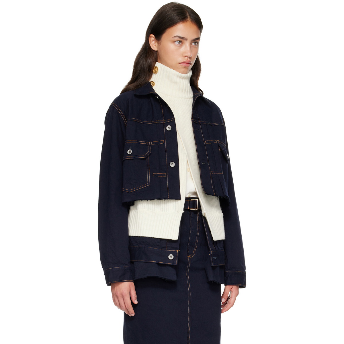 sacai Navy & White Wool Knit x Denim Jacket