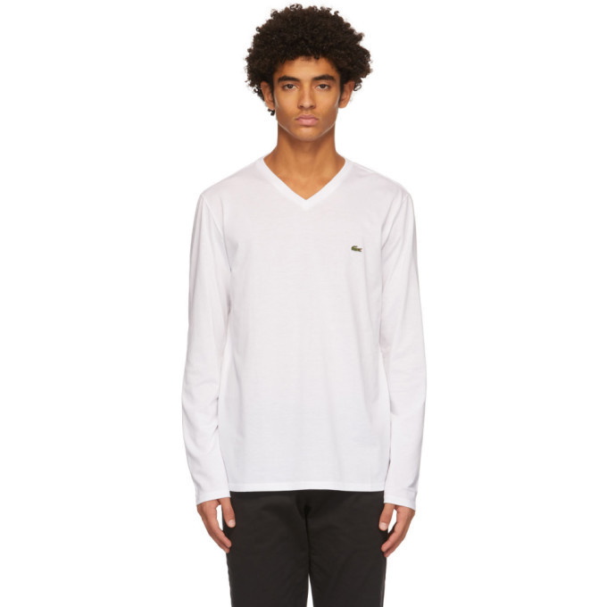 Photo: Lacoste White Logo V-Neck Long Sleeve T-Shirt