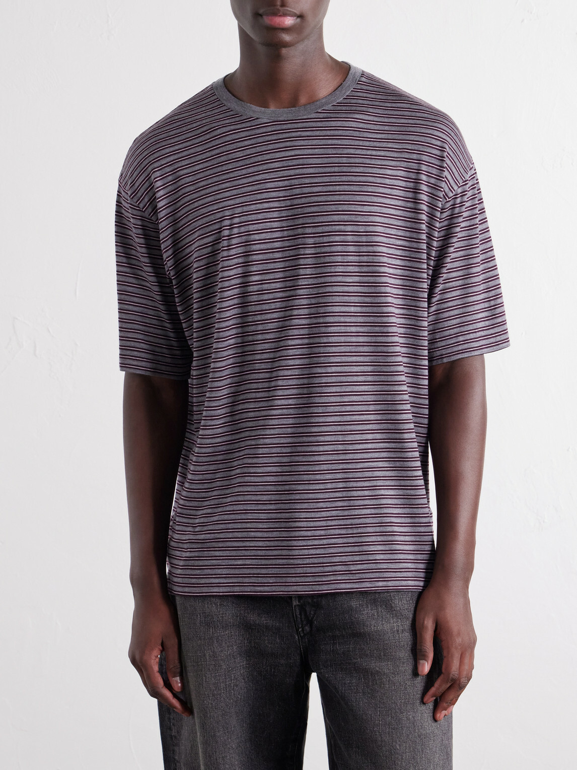 Auralee - Striped Wool-Jersey T-Shirt - Gray