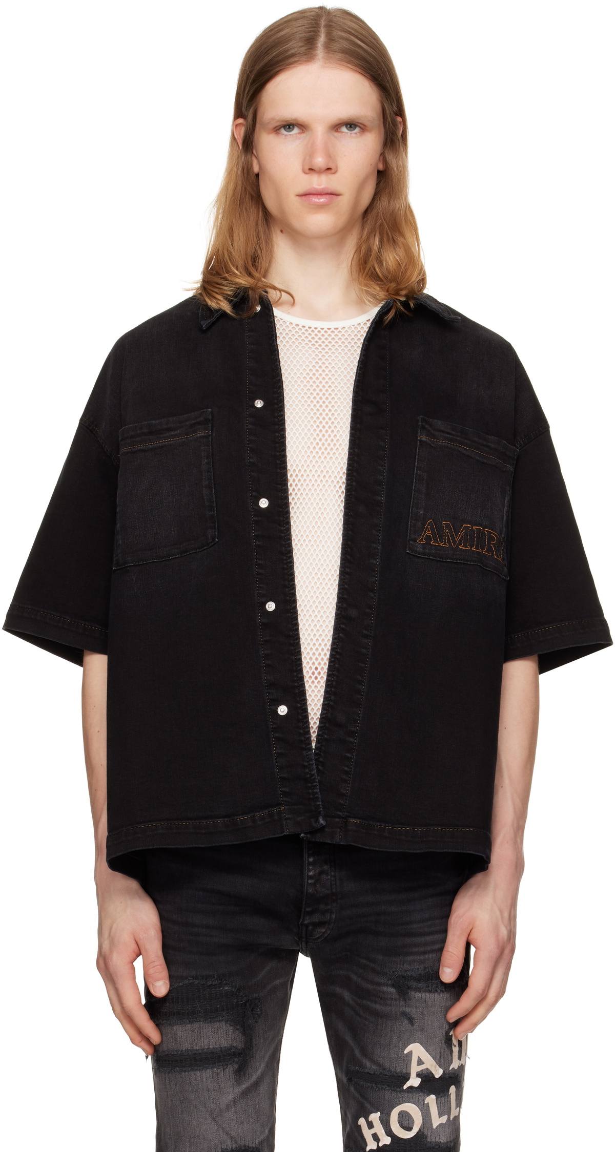 AMIRI Black 'AMIRI' 3D Short Sleeve Snap Denim Shirt Amiri