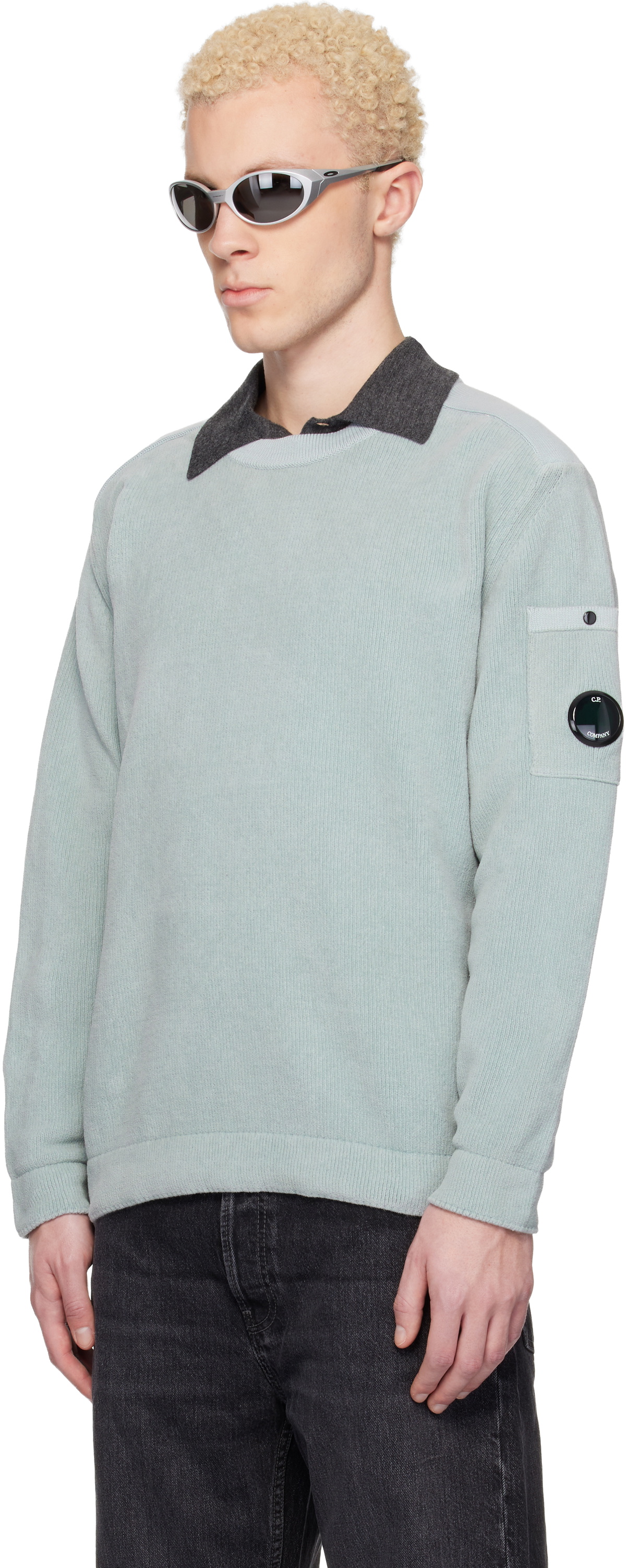 C.P. Company Blue Cotton Chenille Crewneck Lens Sweater
