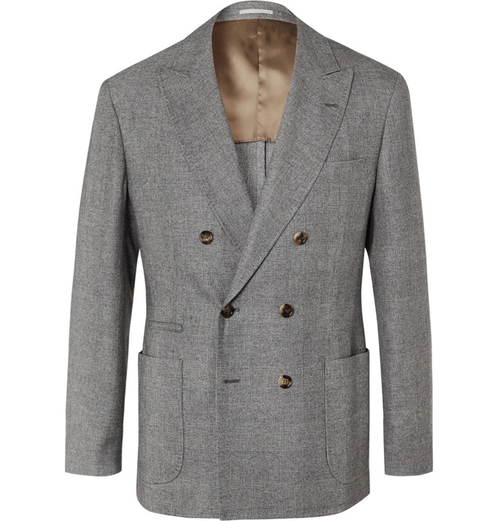 Photo: Brunello Cucinelli - Unstructured Double-Breasted Prince of Wales Checked Cashmere and Silk-Blend Suit Jacket - Gray
