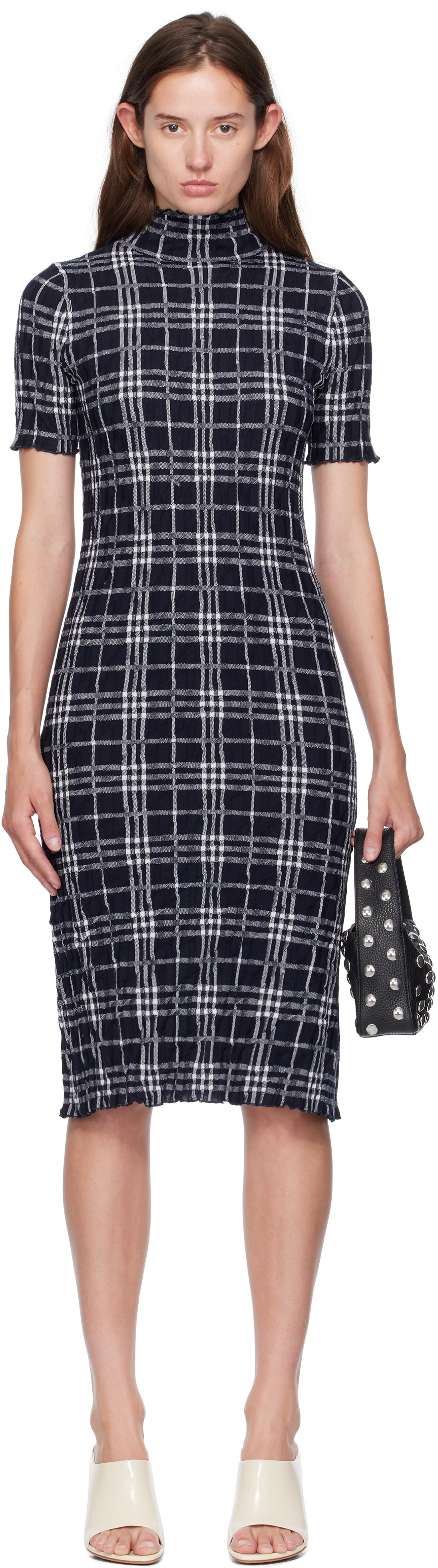 Burberry Navy & White Check Wool Blend Midi Dress