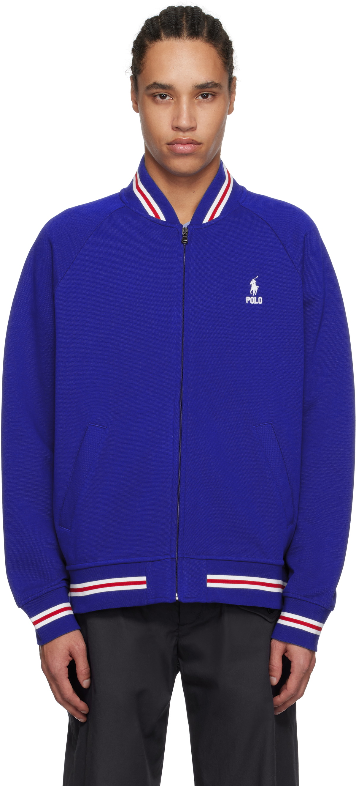 Polo Ralph Lauren: Blue Zip Bomber Jacket | SSENSE Polo Ralph Lauren: Blue Zip Bomber Jacket | SSENSE