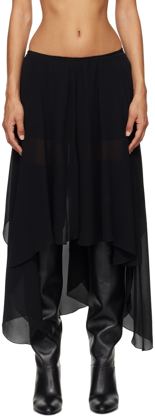 Asymmetric Slit Black Crepe Skirt With Green Ostrich Trim main image 1