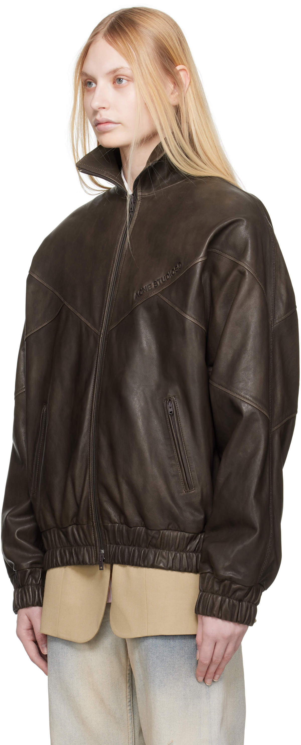 Acne Studios Brown Embossed Logo Leather Jacket Acne Studios