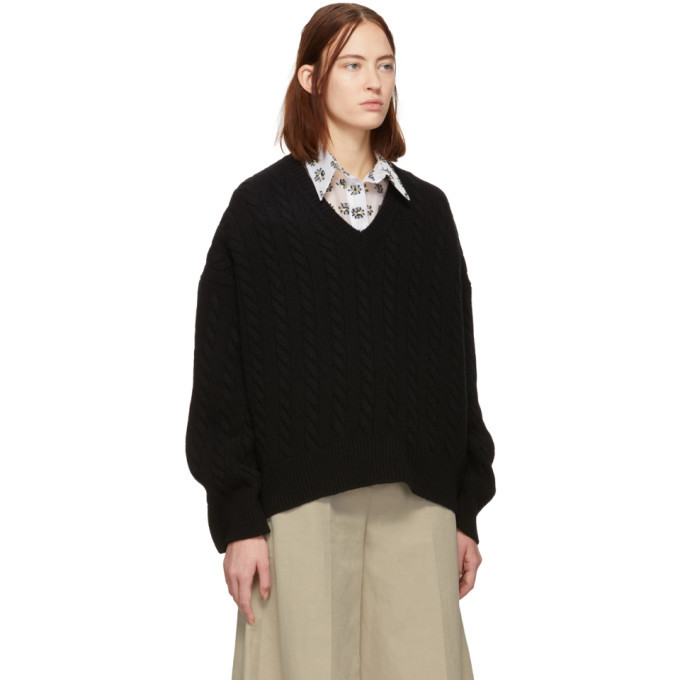Loewe Black Cable Knit V-Neck Sweater Loewe
