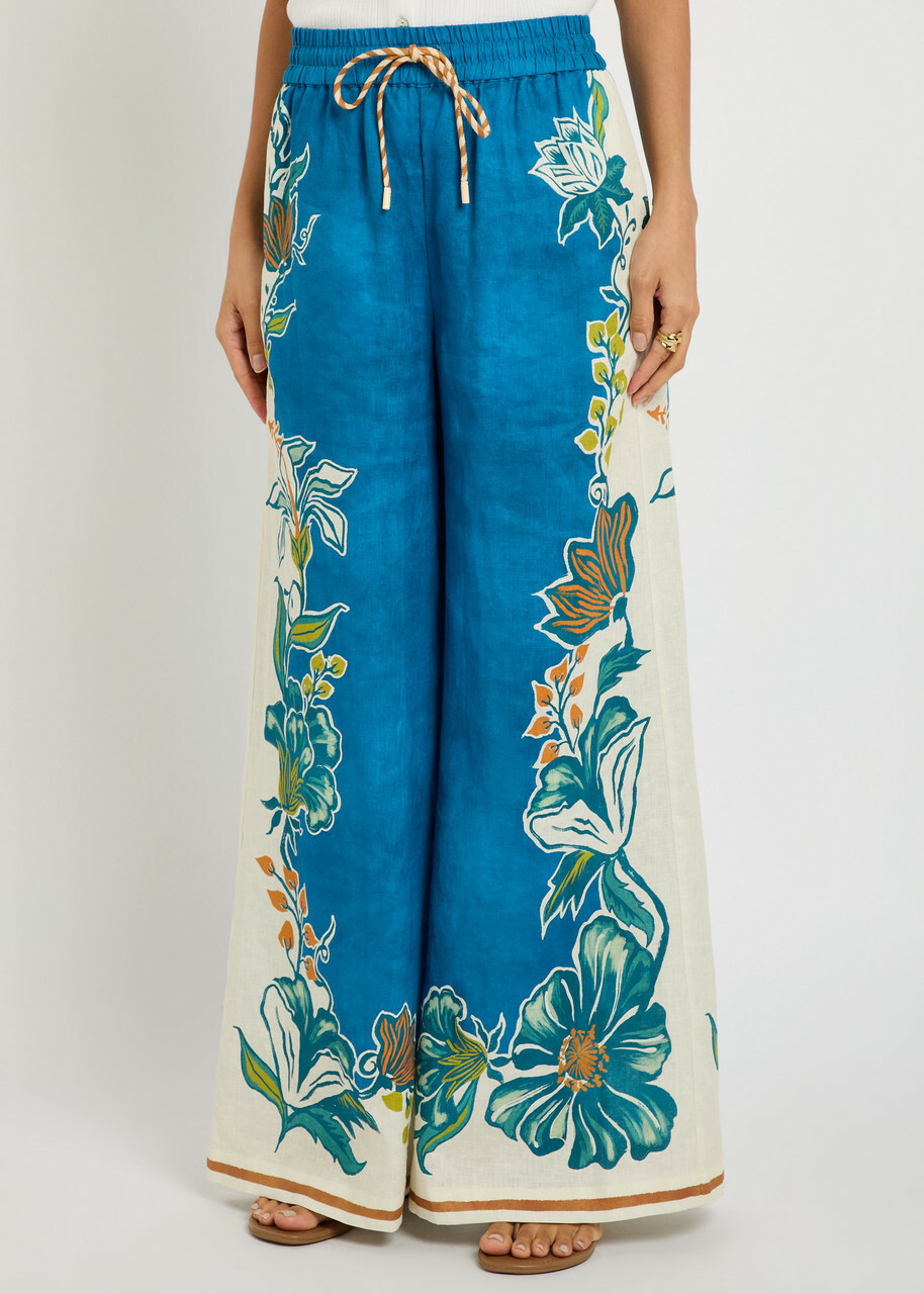 Alemais Luca Floral-print Wide-leg Linen Trousers Blue