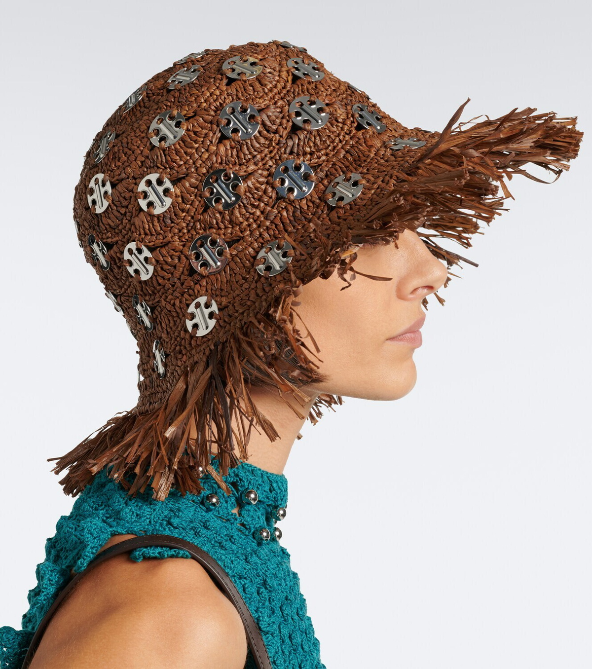 Rabanne Fringed studded raffia bucket hat