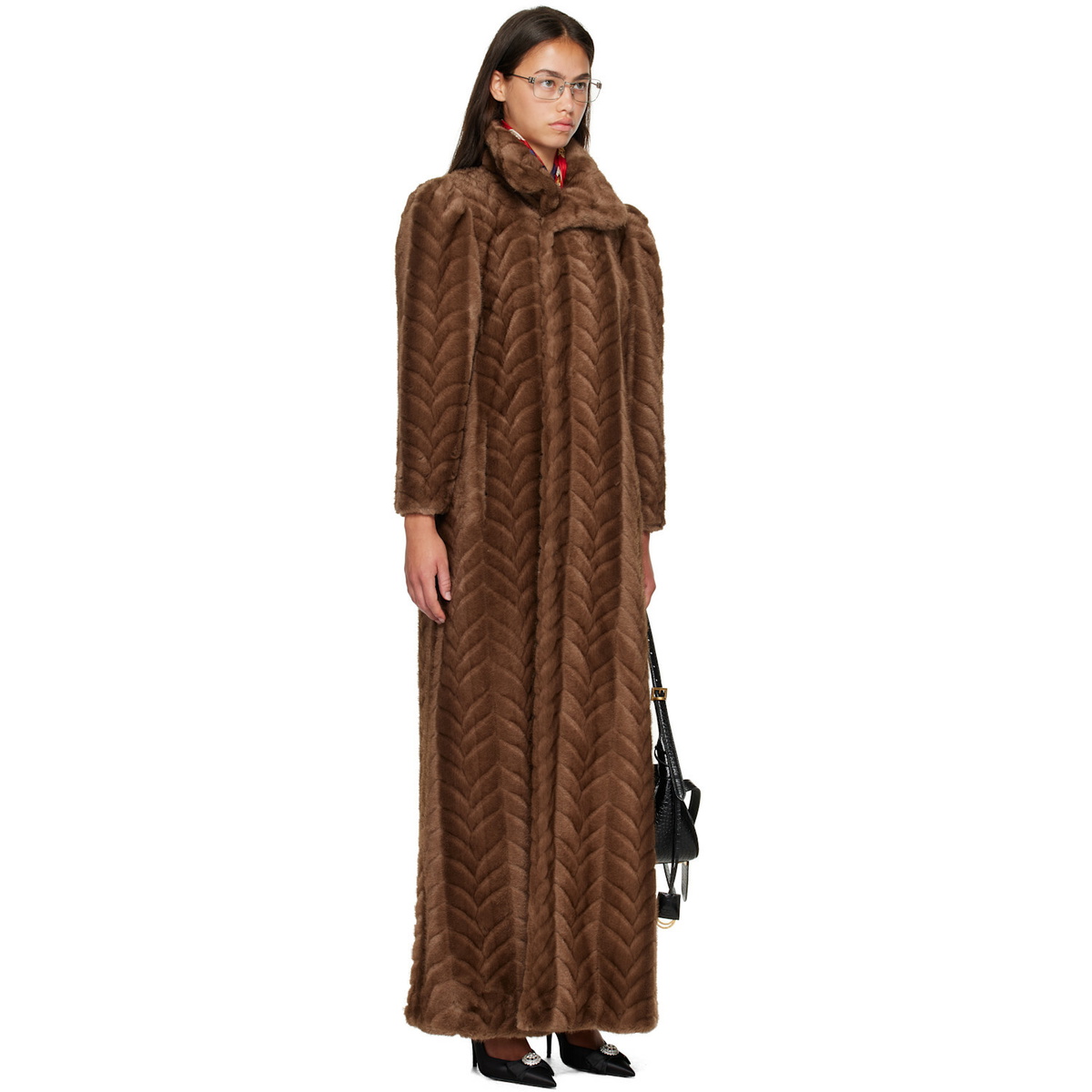 Balenciaga Brown Cable Knit Faux Fur Coat