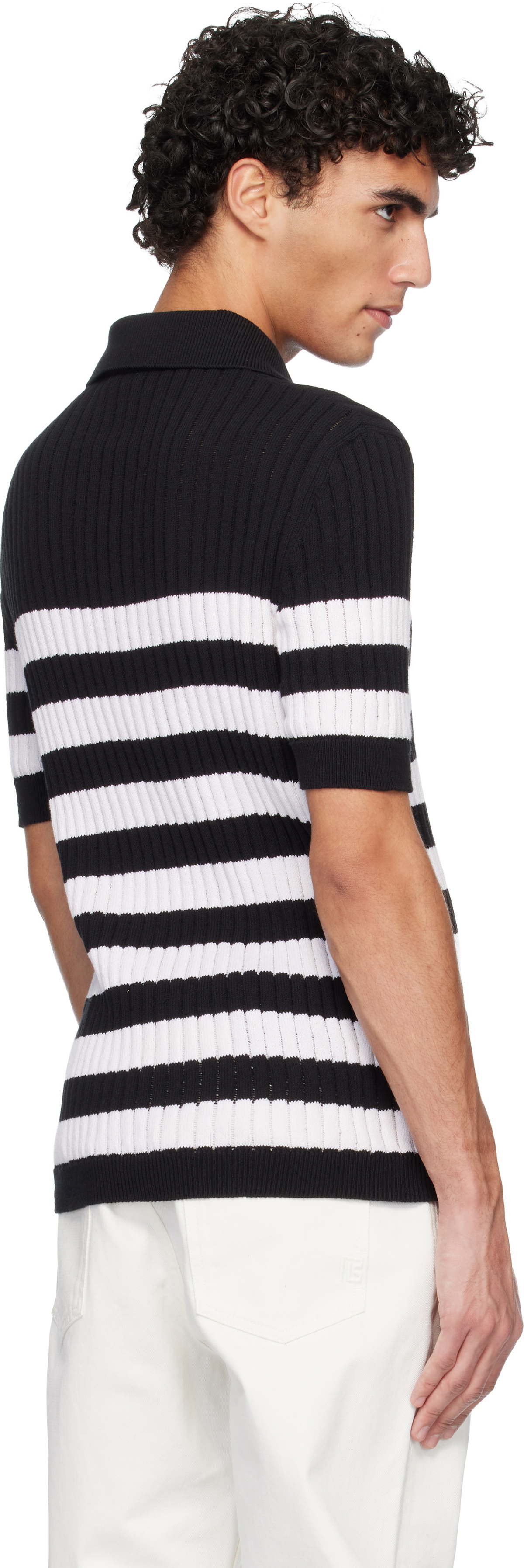 Balmain Black & White Marinière Ribbed Cotton Knit Polo