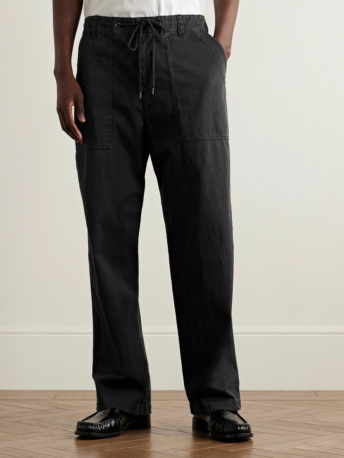 James Perse - Flight Straight-Leg Slub Cotton-Blend Twill Drawstring Trousers - Black