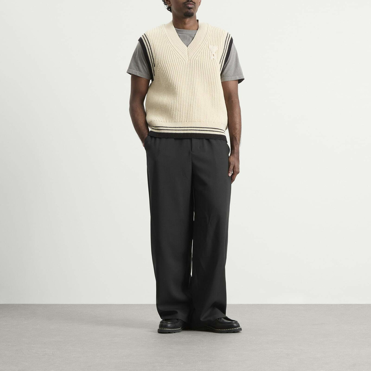 AMI Paris Men's V Neck Sleeveless Sweater in Blanc Creme