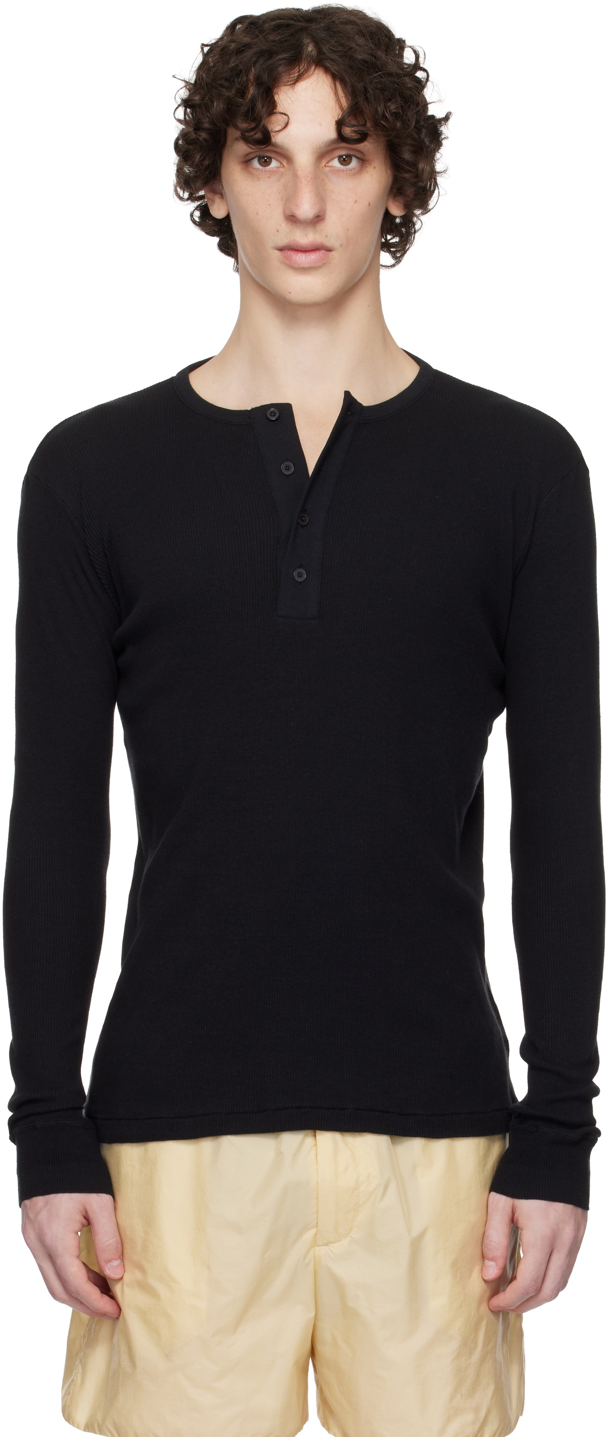 AURALEE Black Organic Soft Rib Henley Auralee