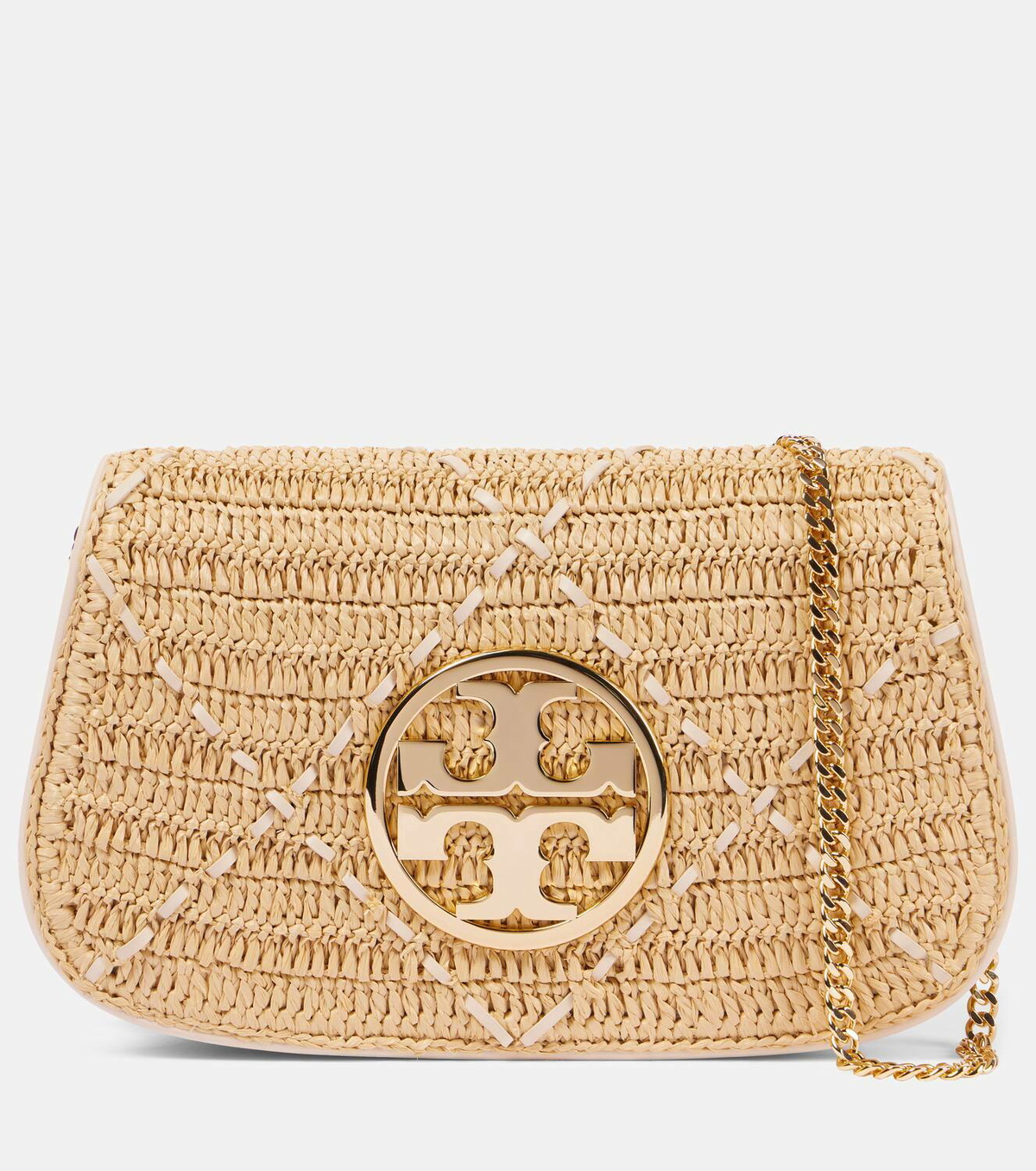 Tory Burch Reva leather-trimmed raffia clutch Tory Burch