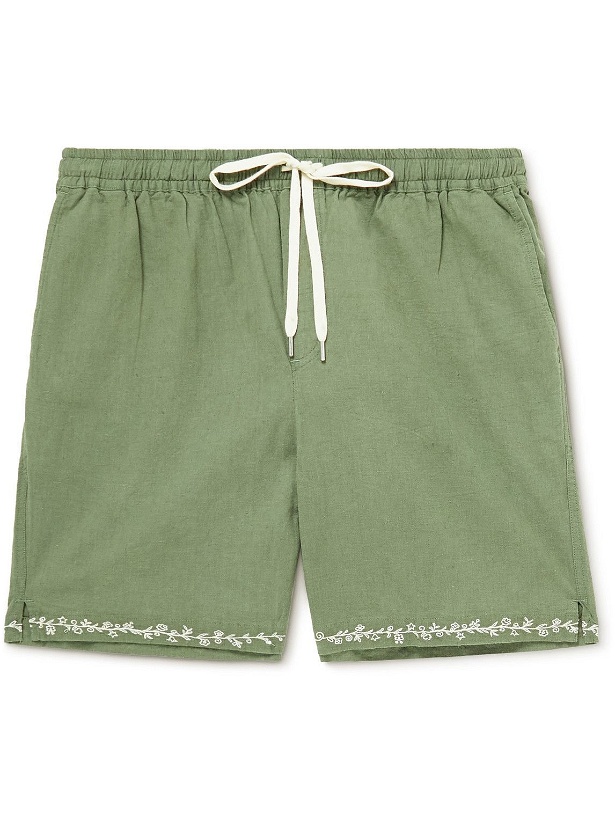 Photo: Corridor - Straight-Leg Embroidered Linen and Cotton-Blend Drawstring Shorts - Green