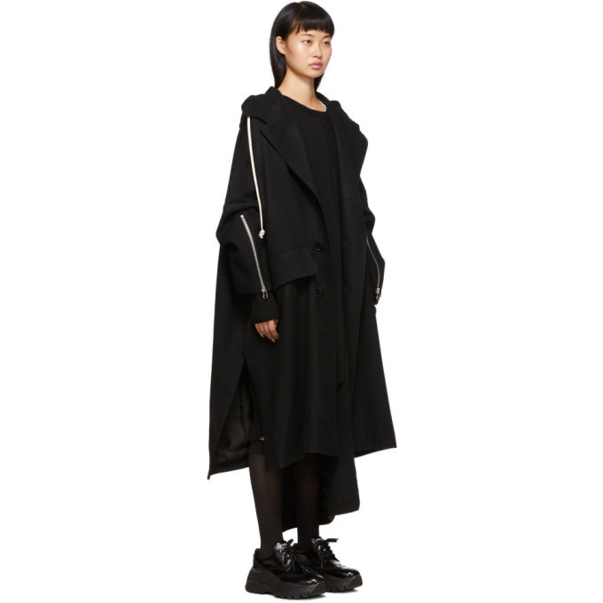 Regulation Yohji Yamamoto Black Wool Side-Slit Hooded Coat