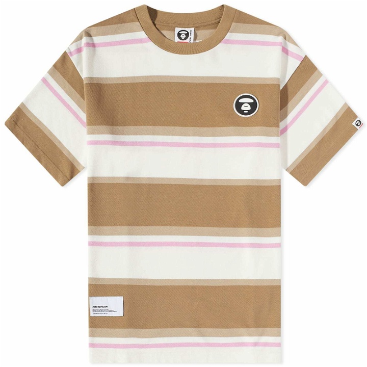 Photo: Men's AAPE Now Silicone Badge Stripe T-Shirt in Beige/Snow White