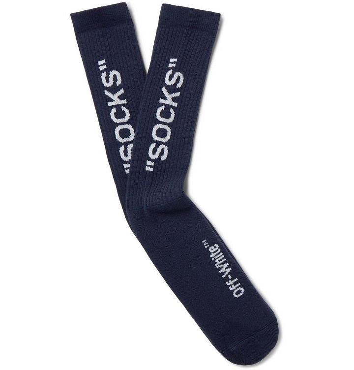 Photo: Off-White - Logo-Intarsia Stretch Cotton-Blend Socks - Men - Navy