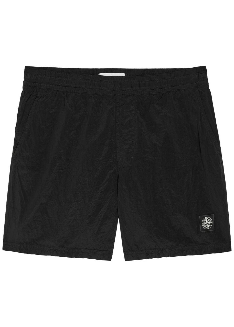 Stone Island Logo Crinkled Nylon Swim Shorts Black Stone Island