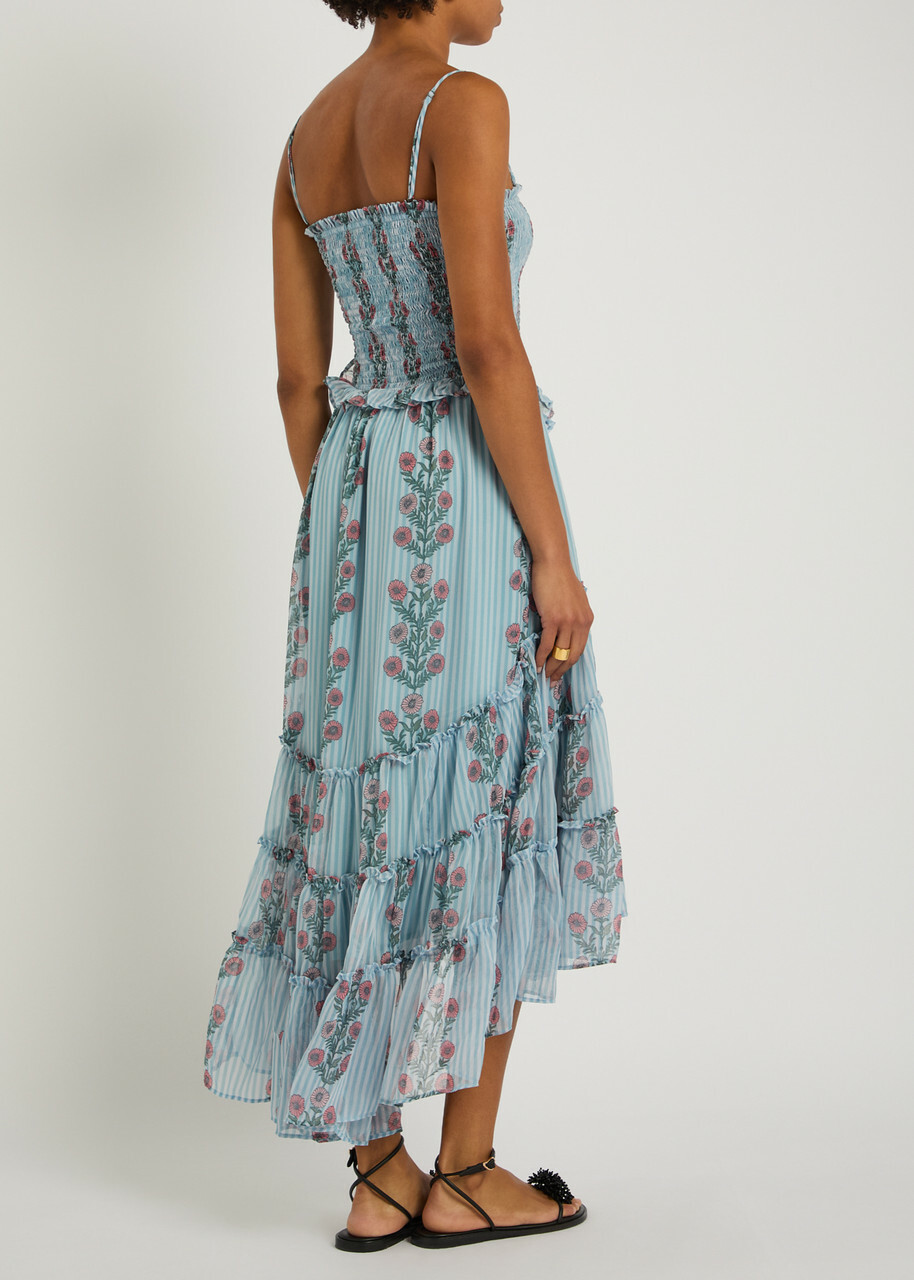 Free People Alejandra Floral Tiered Chiffon Midi Dress Blue
