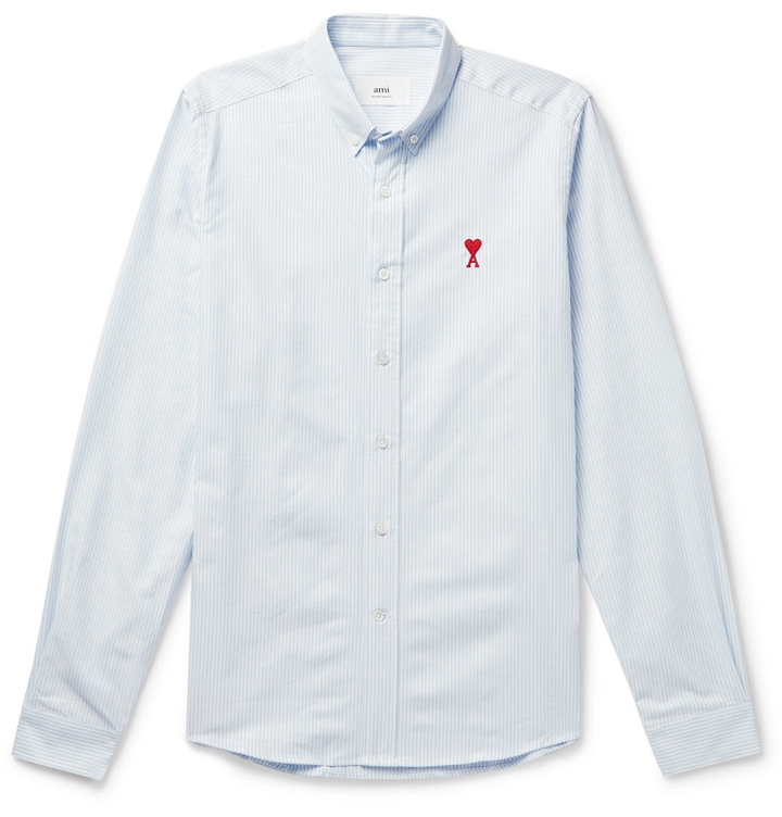 Photo: AMI PARIS - Button-Down Collar Logo-Appliquéd Striped Cotton Oxford Shirt - Blue