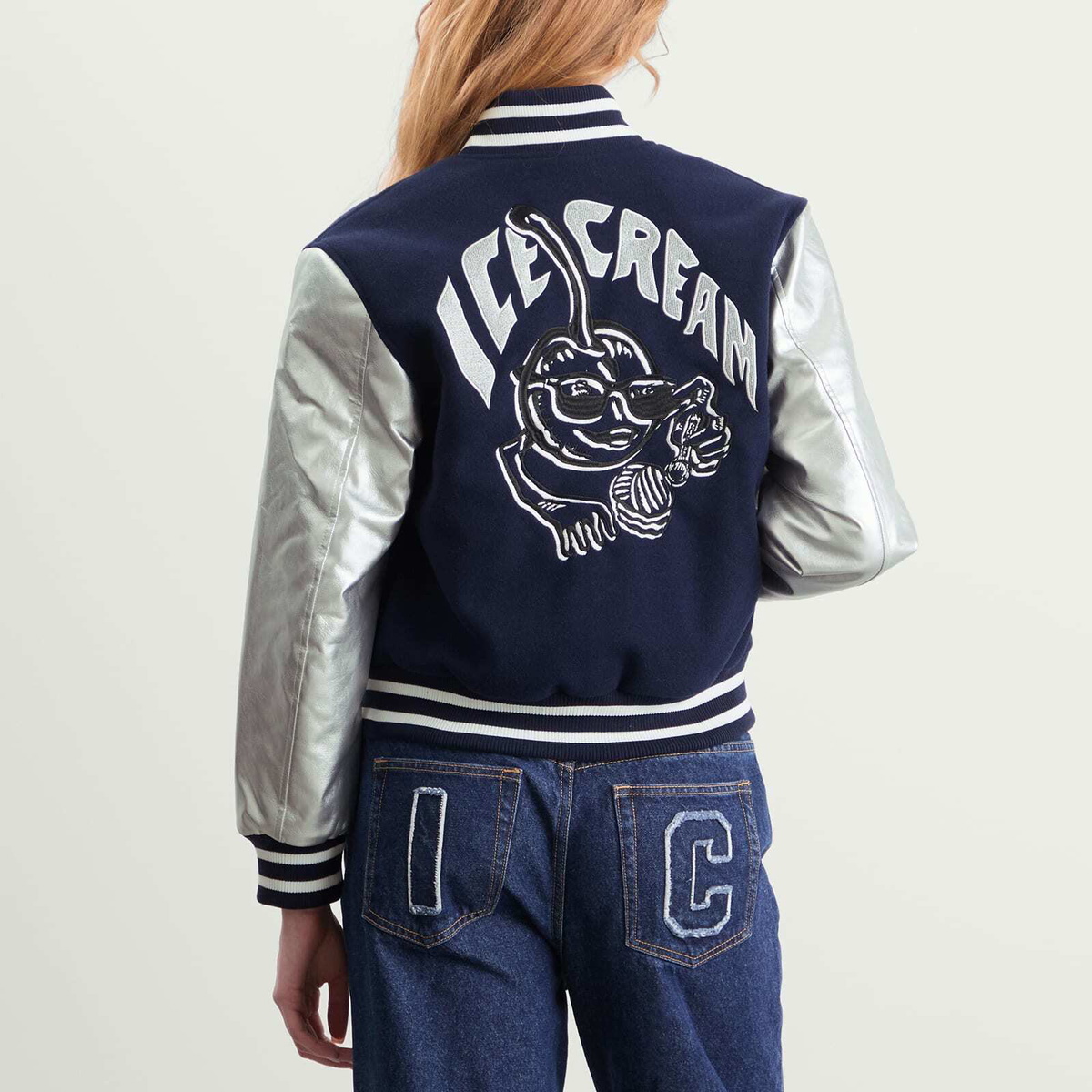 ICECREAM Women's Cherry Varsity Jacket in Navy/Silver