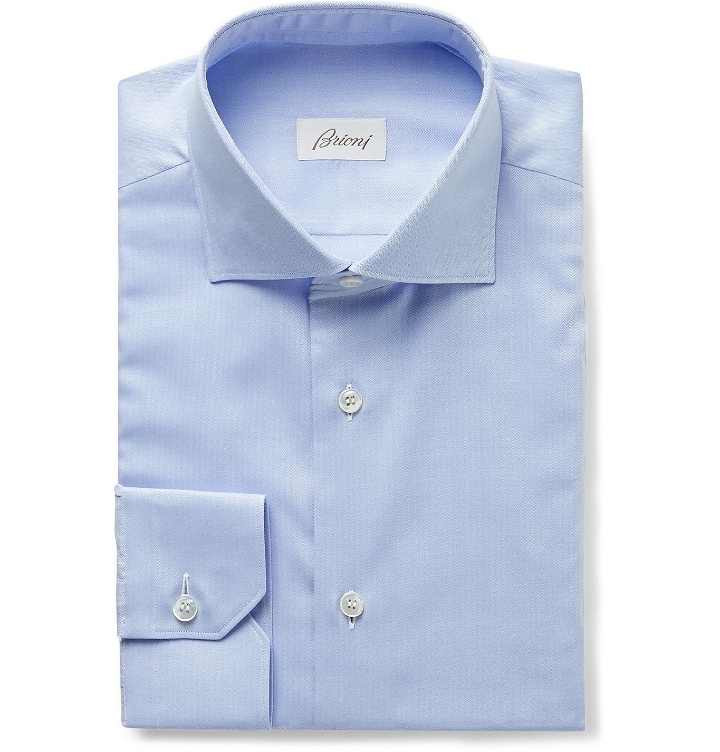 Photo: Brioni - Cutaway-Collar Herringbone Cotton Shirt - Blue