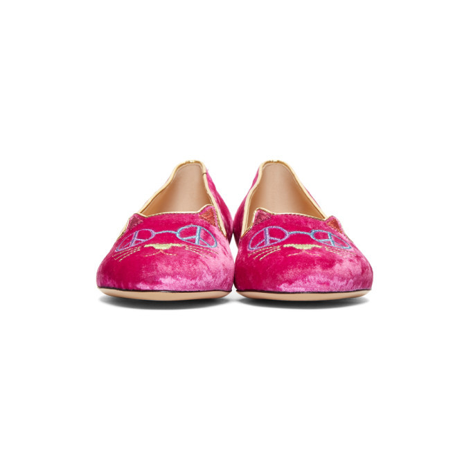 Charlotte Olympia Pink Velvet Peaceful Kitty Loafers Charlotte Olympia