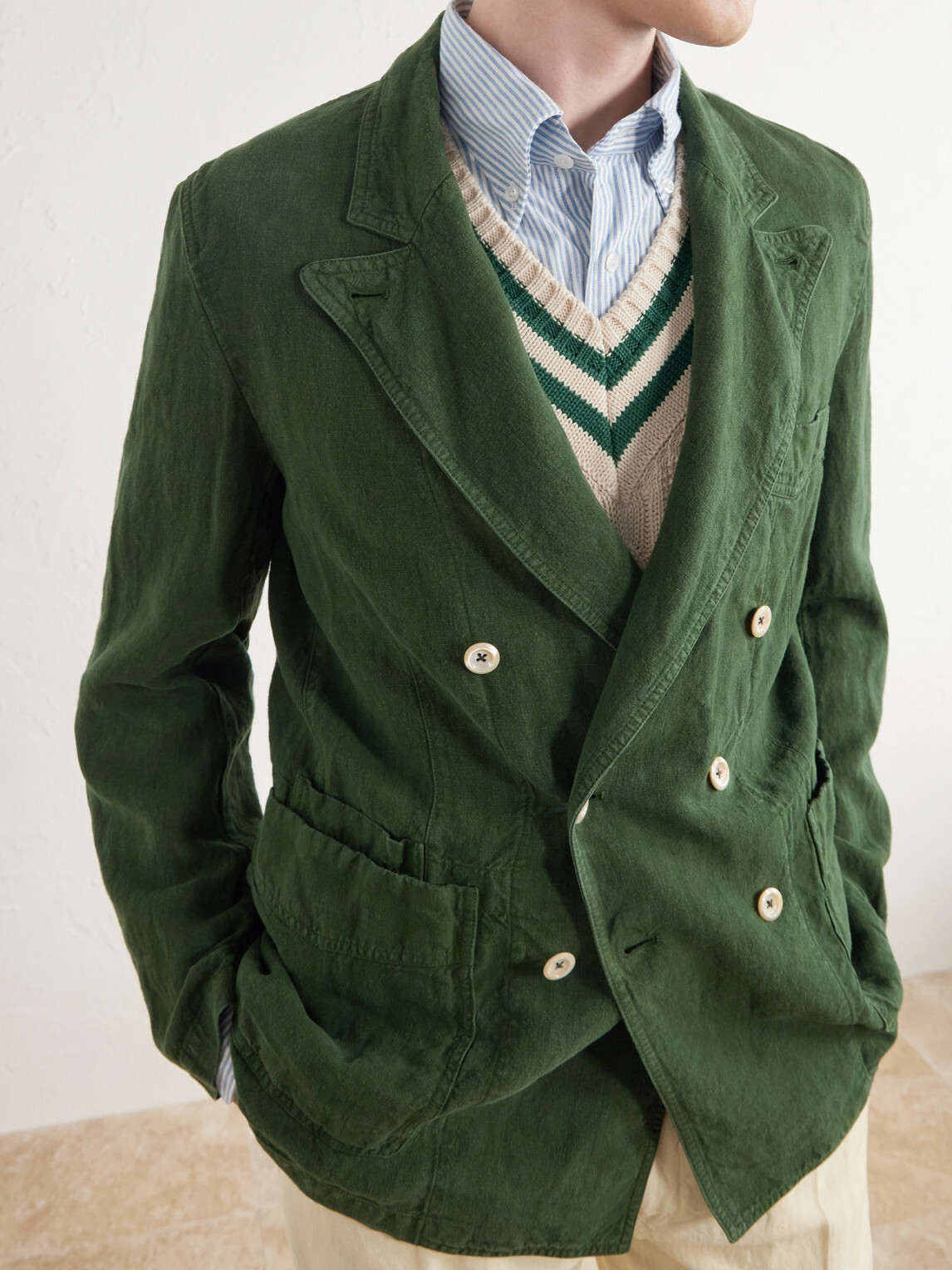 Drake's - Games Double-Breasted Linen Blazer - Green