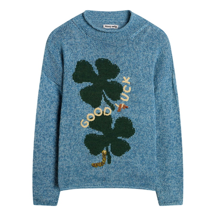 Photo: Story mfg. Men's Hand Knit Twinsun Roll Neck in Twisted Indigo Luck