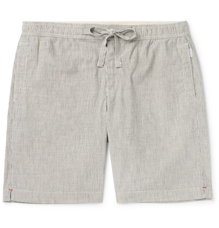 Photo: Orlebar Brown - Harton Wide-Leg Striped Stretch Cotton and Linen-Blend Drawstring Shorts - Gray