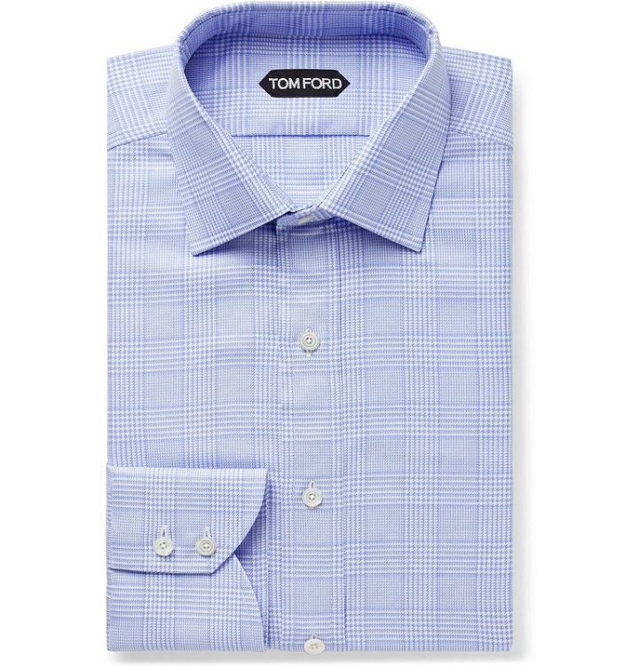 Photo: TOM FORD - Sky-Blue Slim-Fit Prince of Wales Checked Cotton Shirt - Blue
