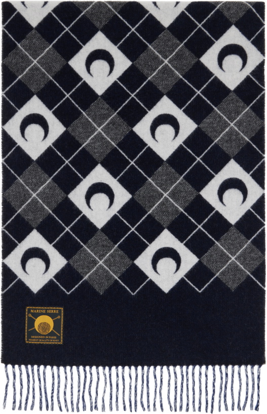 Photo: Marine Serre Navy & Black Moon Argyle Knit Scarf
