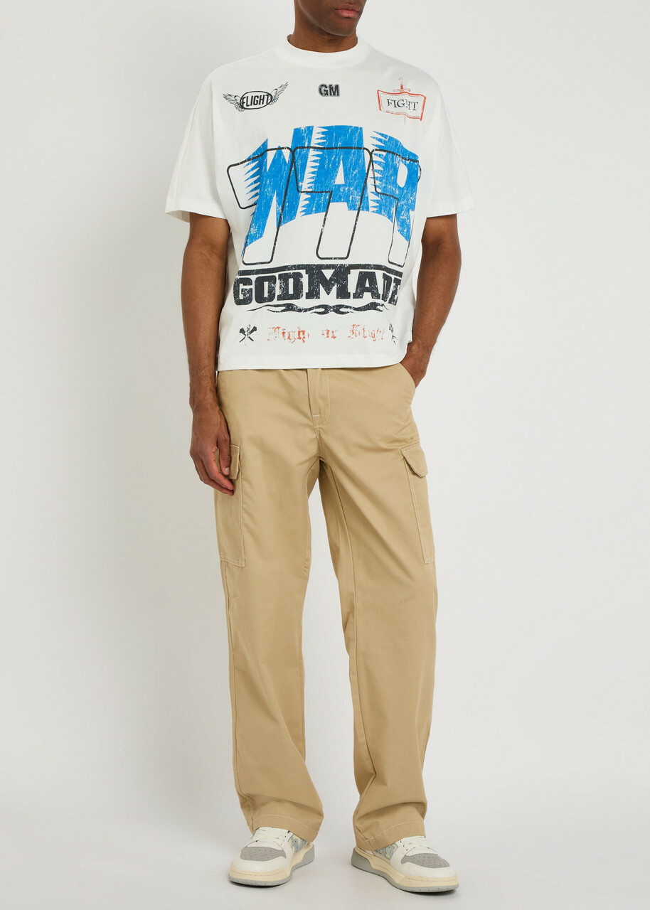 God Made War Printed Cotton T-shirt Off White