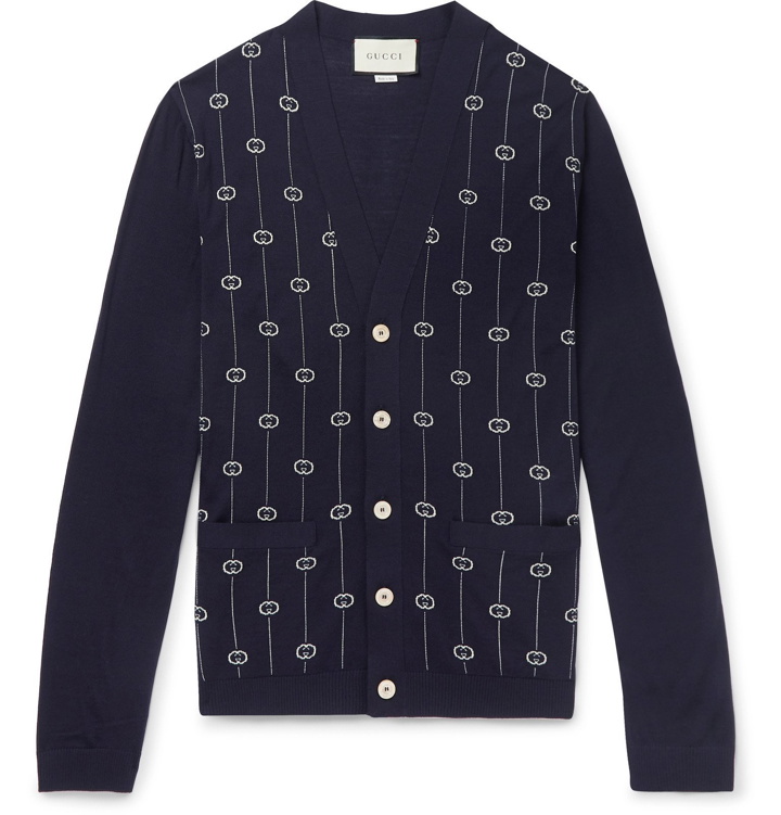 Photo: Gucci - Slim-Fit Logo-Jacquard Wool-Blend Cardigan - Blue