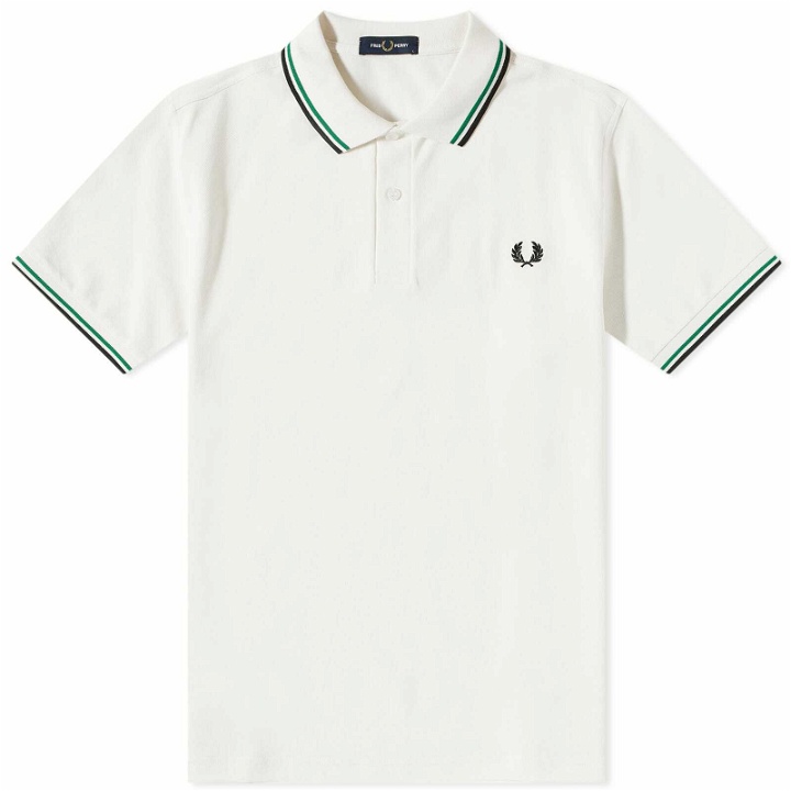 Photo: Fred Perry Authentic Men's Slim Fit Twin Tipped Polo Shirt in Light Ecru/Fred Perry Green/Nvay