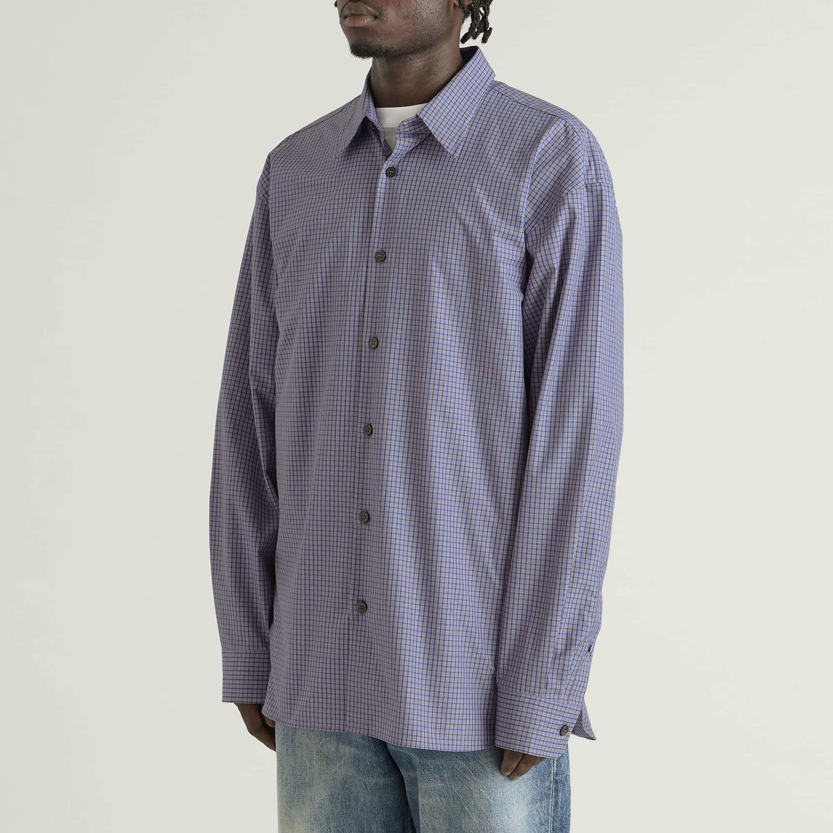 Dries Van Noten Men's Croom Micro Check Cotton Shirt in Navy