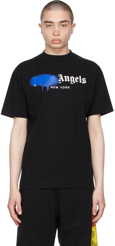 Photo: Palm Angels Black & Blue Sprayed Logo 'New York' T-Shirt