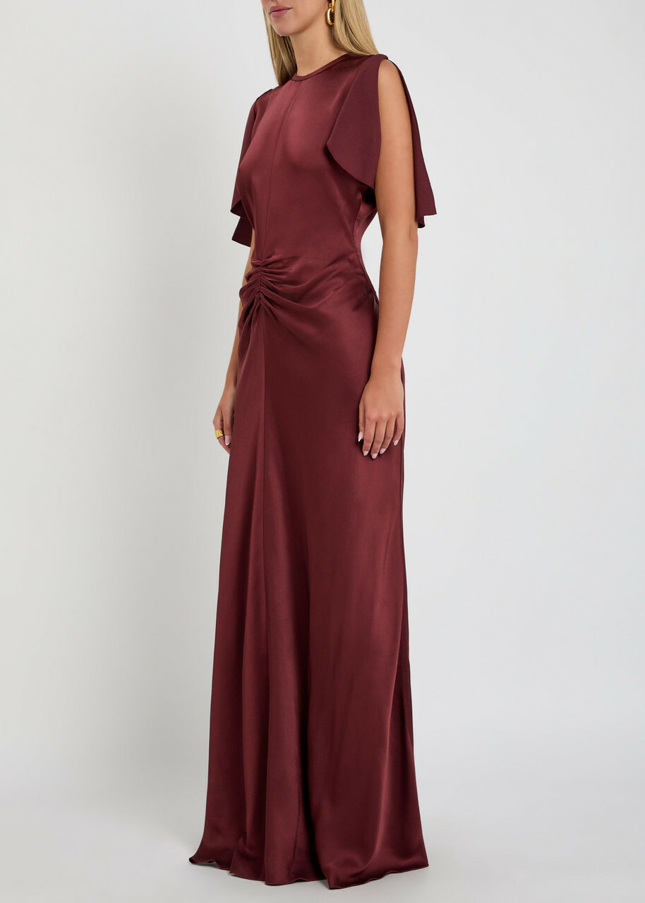 Victoria Beckham Gathered Satin-crepe Midi Dress Dark Red