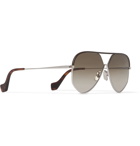 Loewe - Aviator-Style Leather-Trimmed Silver-Tone and Tortoiseshell Acetate Sunglasses - Silver