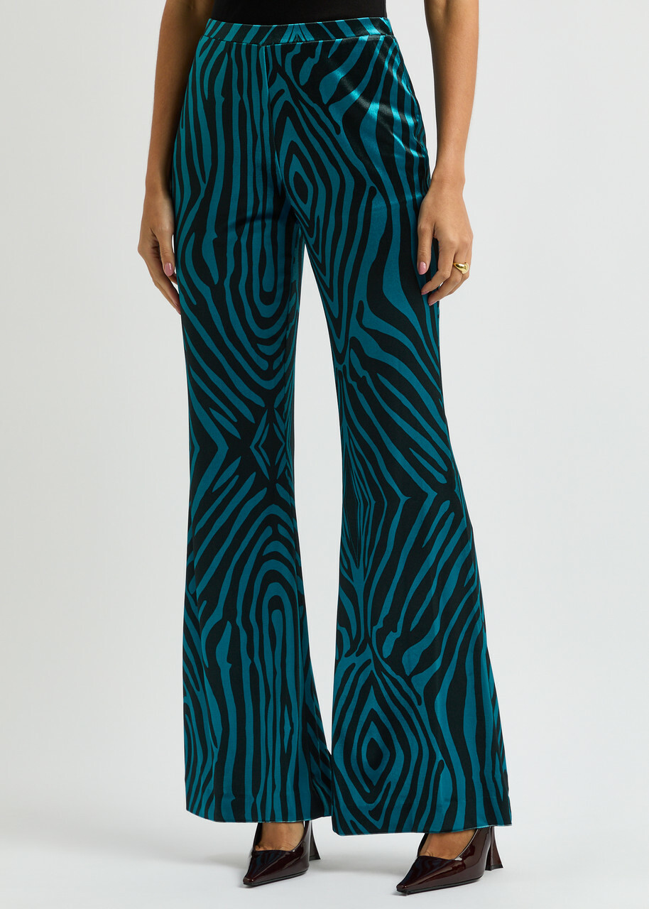 Diane Von Furstenberg Ruthette Printed Flared Velvet Trousers Blue