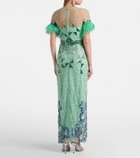 Là Fuori Embellished feather-trimmed gown