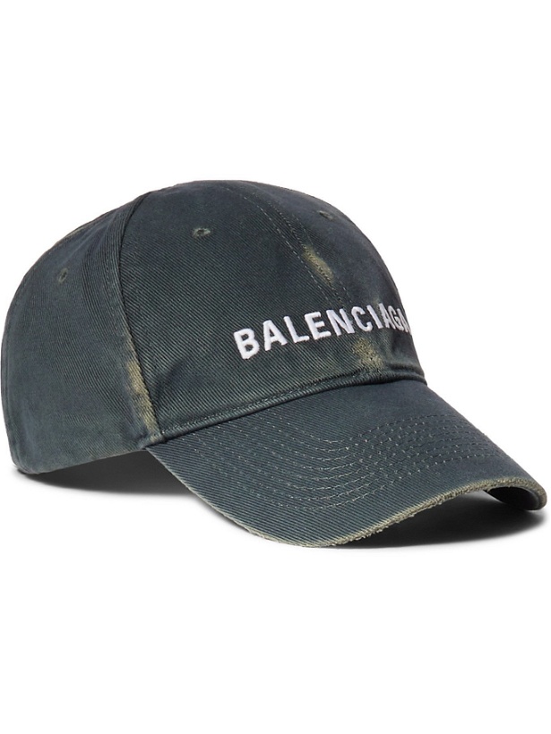 Photo: BALENCIAGA - Distressed Logo-Embroidered Denim Baseball Cap - Blue