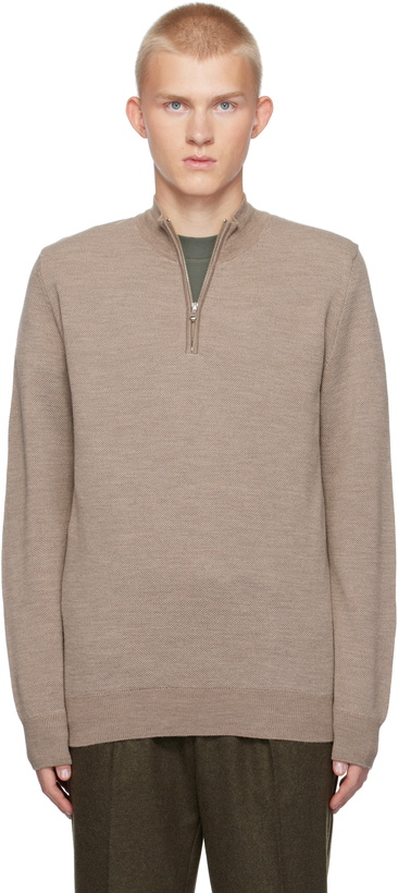 Photo: Sunspel Beige Merino Honeycomb Zip Neck Sweater