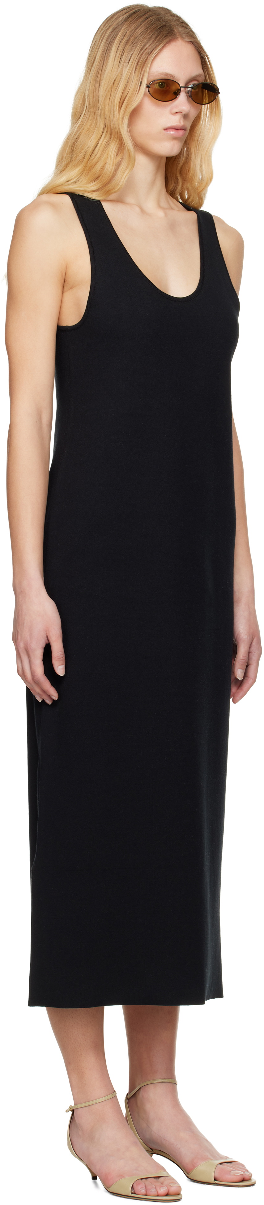 AURALEE Black Cotton Silk Stretch Knit Midi Dress