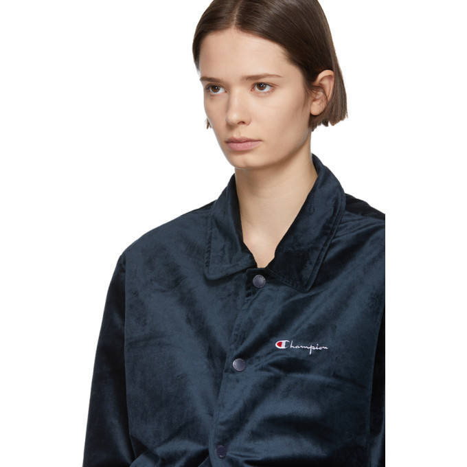 Champion Reverse Weave Navy Velour Script Logo Coach Jacket