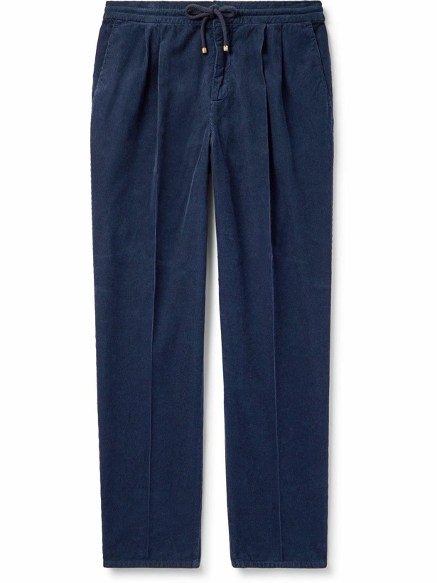 Photo: Brunello Cucinelli - Straight-Leg Pleated Cotton-Corduroy Drawstring Trousers - Blue