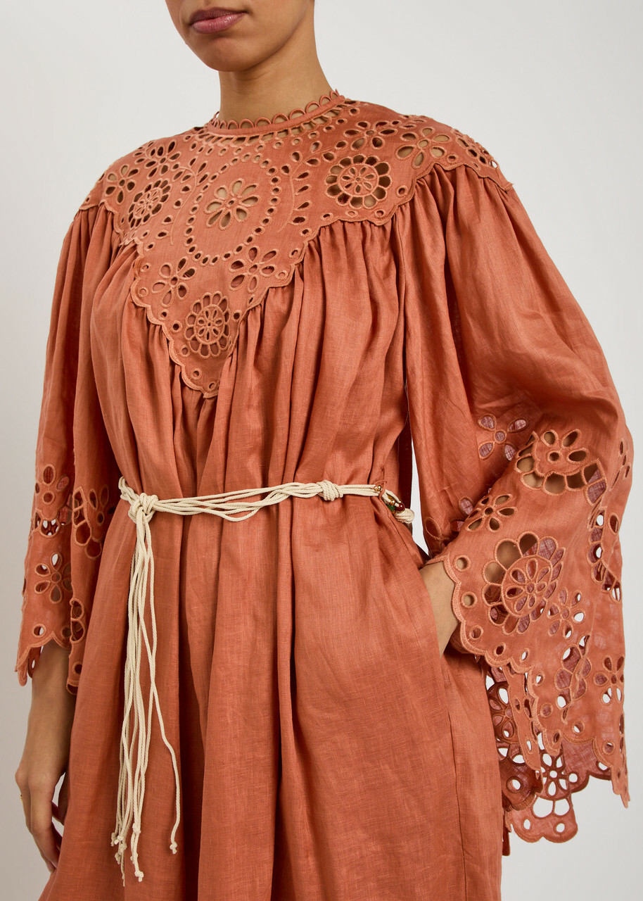 Zimmermann Awaken Embroidered Woven Yoki Maxi Dress Orange